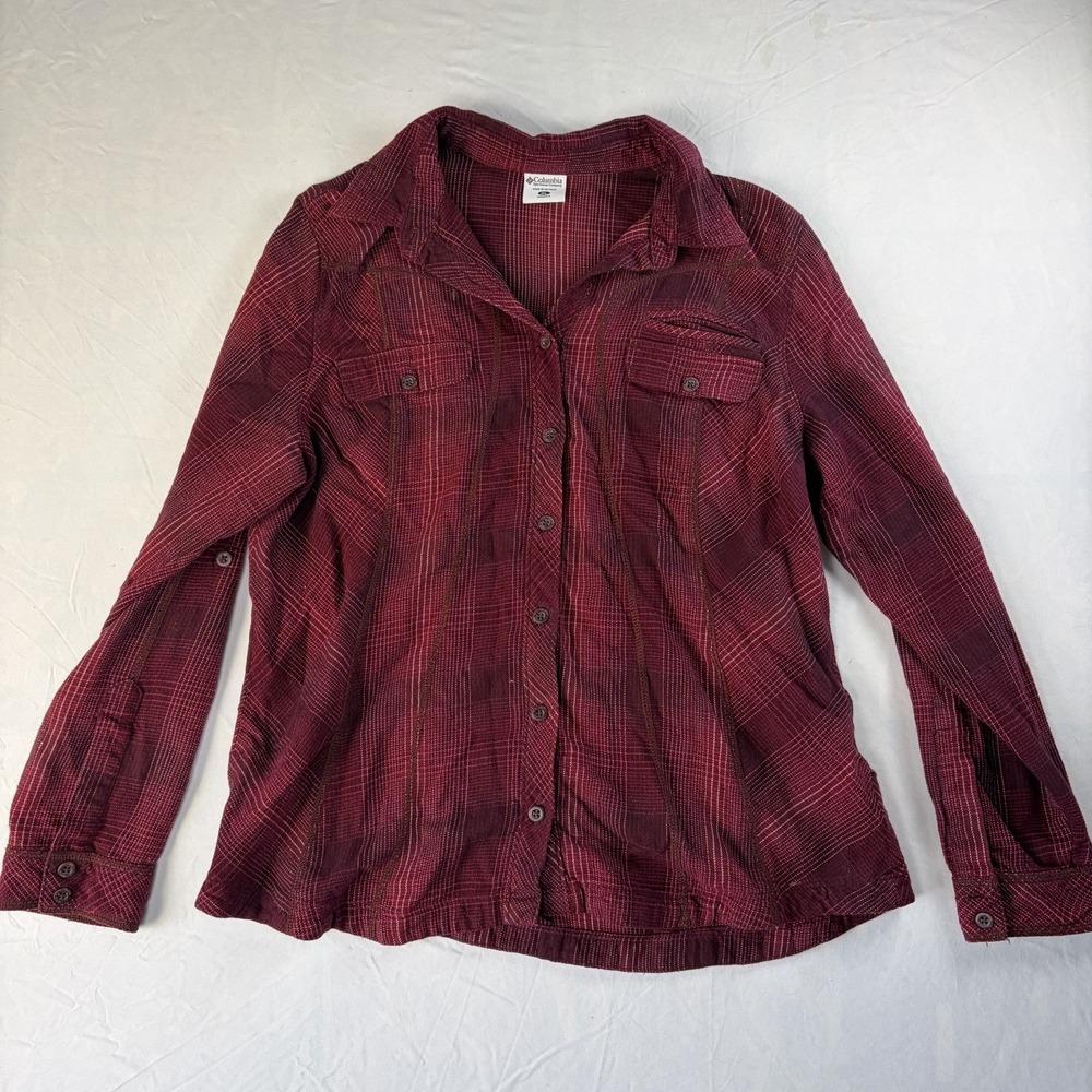 Columbia Plaid Button Up Shirt Women's Size XL 100% Cotton‎ Burgundy